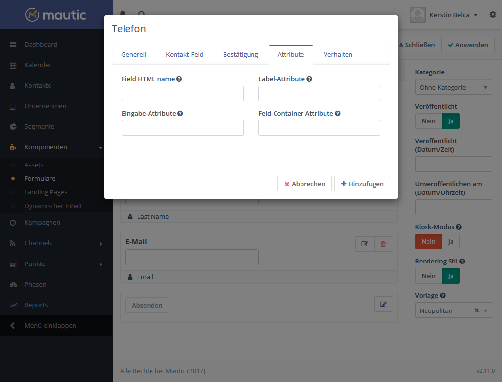 Mautic Formular Feld erstellen Attribute
