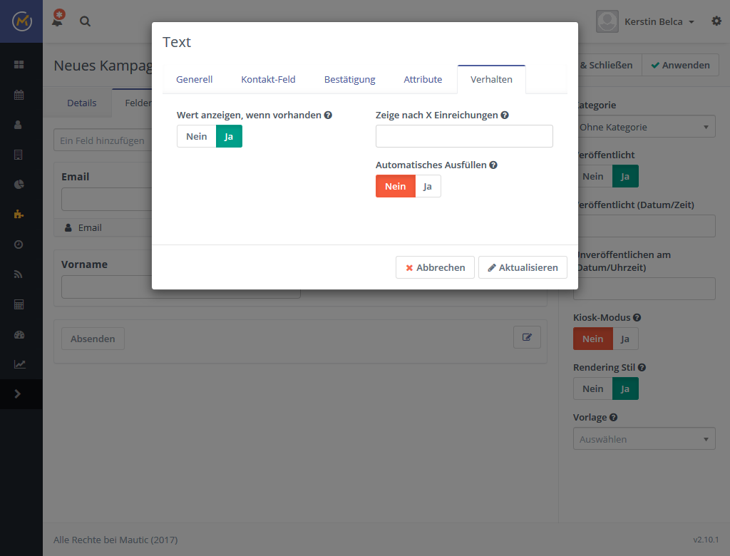 Mautic Formular Feld erstellen Verhalten