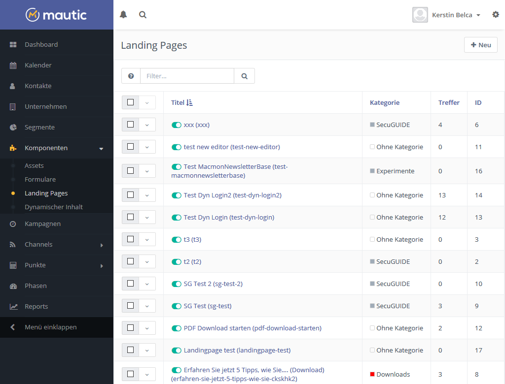 Mautic Landingpages Übersichtsseite