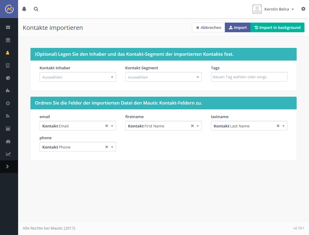 Mautic Kontakte Import Felder zuweisen