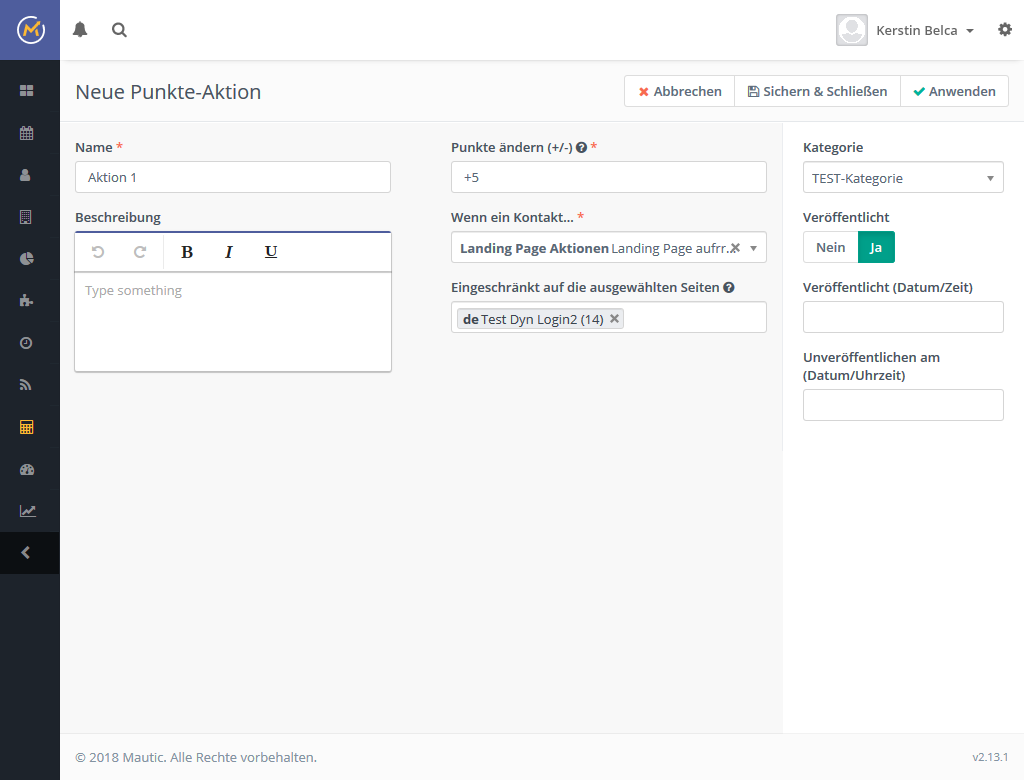 Mautic Punkte Aktionen