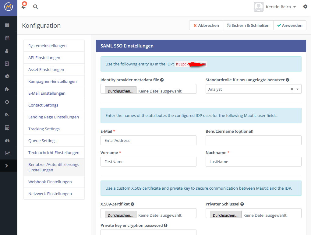 Mautic SAML Login einrichten