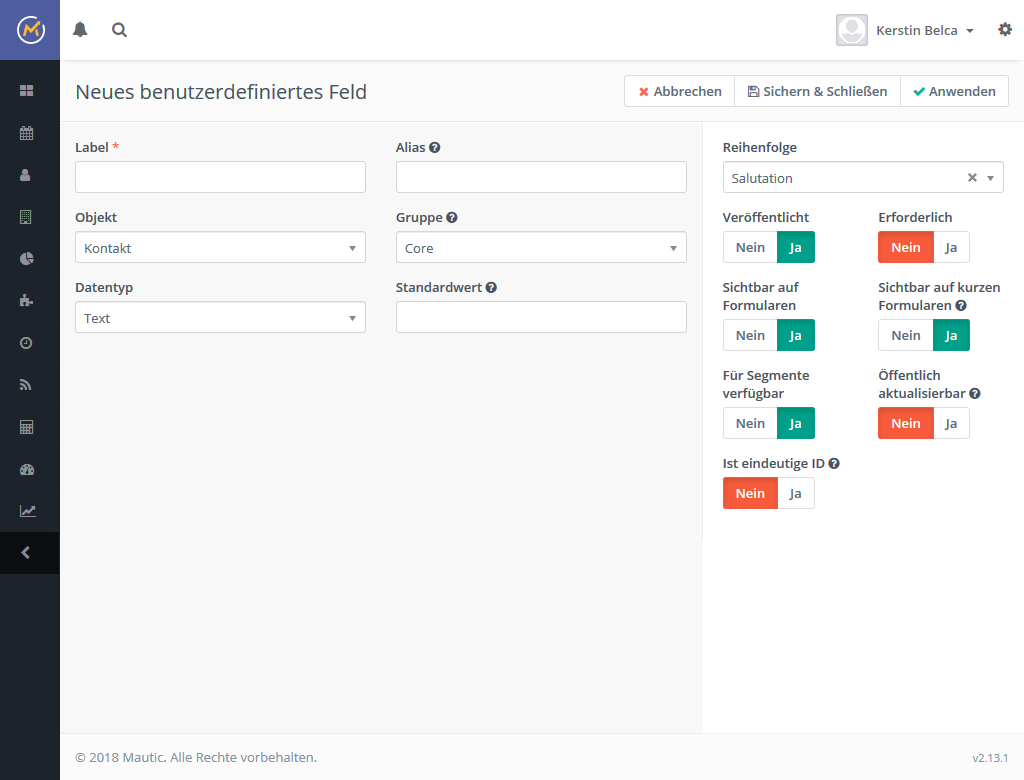 Mautic Unternehmen Unternehmenskontakte Felder